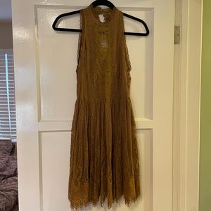 Free People High Neck Button Back Lace Mustard Dress